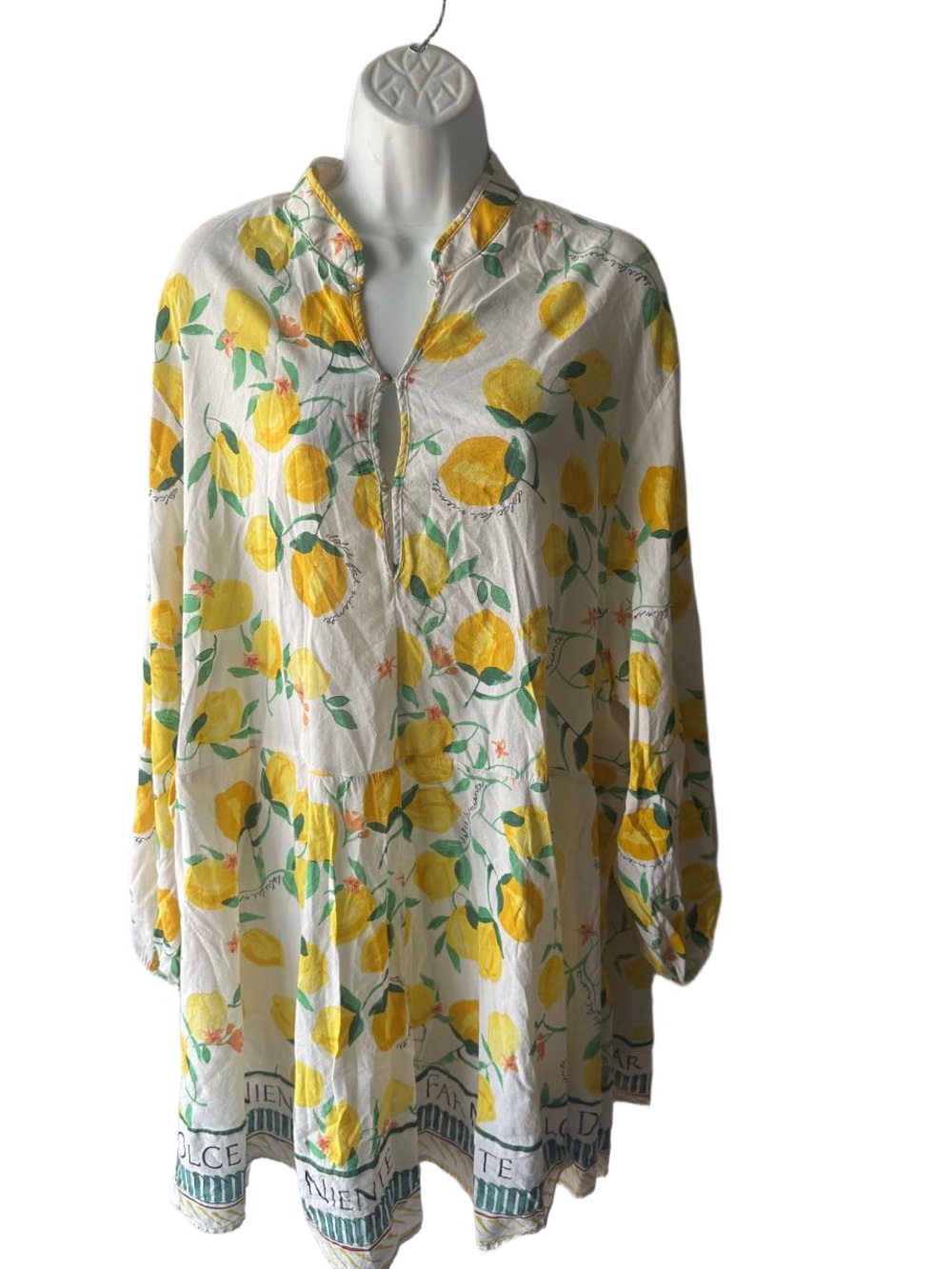H&M Lemon Print Dress Tunic Cover Up XL Italian Inspired Yellow Green Cream